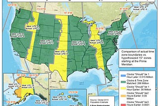 Time zone map of the USA with offset from solar time