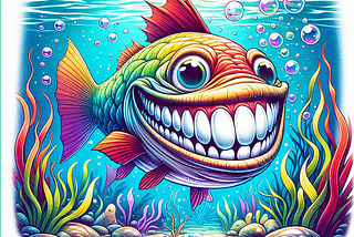 An AI generated image of a fish with an unusually wide grin revealing a set of big teeth. The fish is in a cheerful mood, its fins flapping with excitement. Its scales reflect a myriad of colors under the underwater sunlight. Sea plants sway around it and the bubbles from its mouth skitter towards the surface, further accentuating its joyous demeanor.