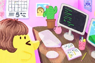 A duck sat in their pink wallpapered office typing on their keyboard, which two desktop screens: one displays a command line and the other displays a generic desktop wallpaper. Also on the desk there is a cactus, coffee mug, pen pot, book, and a mouse. There is light shining in from the window.