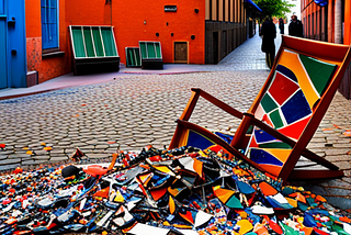 Shattered shards of a stained glass piece strewn across a cobblestone street, creating a mosaic of vivid colors. In the background, an individual walks by buildings painted in bright orange and blue hues, under a clear sky.
