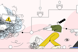 Illustration of three people untangling a complex mess of lines and shapes