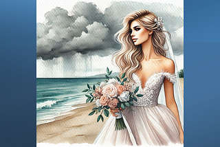 A beautiful blonde bride walks on the beach in her wedding dress with a bouquet in her right hand. Heavy clouds are forming overhead.