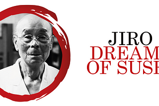 A minimalistic movie poster for the film Jiro Dreams of Sushi. Jiro looks directly at the camera, surrounded by a red circle