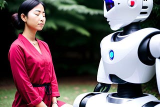 A woman practicing mindfulness with an AI robot.