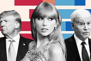 Photo of Taylor Swift, Donald Trump and Joe Biden for satirical article on Swifties saving American democracy. Humor. Music. Pop Music. Grammys. KC Chiefs