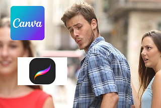 This image is a humorous take on the “distracted boyfriend” meme. A boyfriend is holding hands with a girl signified with the Adobe logo but is admiring another girl (signified with the logos of Affinity, Canva, Procreate and Figma).