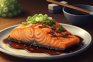 A slice of salmon on a plate, depicted in anime fashion.