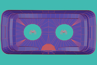 Two digital spiders viewed through the lenses of a VR headset. The headset appears like a cartoon face of fear.