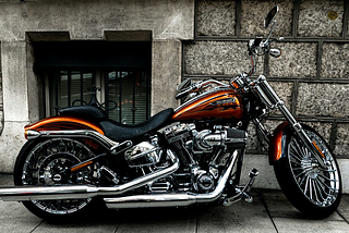 IMage of Harley Davidson motortbike on a stand in front of a wall.