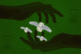 An illustration of two hand silhouettes catching money with wings as two hourglasses indicate the passing of time on a dark green rough-textured background.