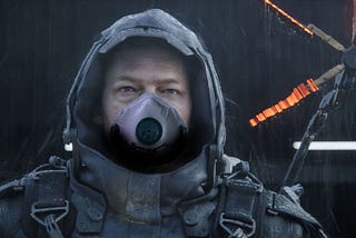 Sam Portrer Bridges portrayed by Norman Redus in a video game Death Strannding, with a anti-virus mask added in Photoshop