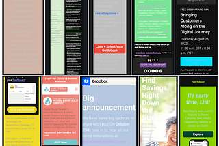 A collage of 10 phone sized screenshots that show terrible color contrast in dark mode. Much of the content is unreadable.
