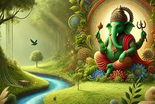 A beautifully crafted eco-friendly Ganesh idol surrounded by lush greenery, with a serene river flowing nearby, symbolizing sustainability and devotion.