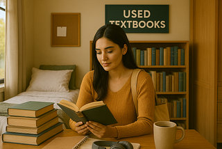 Student reading used books in a college dorm room in 2025