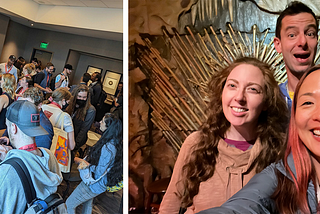 Left: A meeting room packed with people conversing. Right: Smiling faces of Jessica, Steve, and Amy