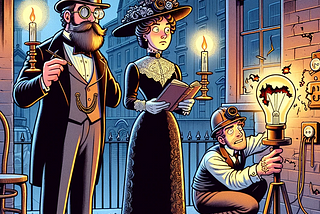 Cartoon illustration set in Victorian London at dusk. A man in a suit, top hat, beard, and monocle, and a woman in a long lace dress, both read by candlelight. Beside them, an engineer struggles with a burned-out prototype of an electric light, a hole burned in his glove. The gentleman remarks to the lady, ‘I knew it, these electric lightbulbs would never take off!’