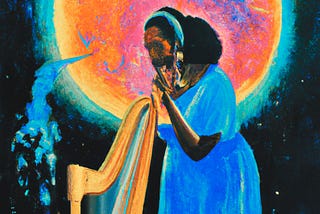 AI assisted drawing of Alice Coltrane playing music under the moon