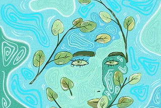 Illustration of a face made of twigs floating in a river