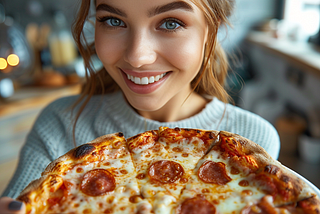 a young woman eating a delicious pizza.