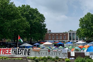 The Free Palestine encampment at Johns Hopkins University (Photo by the author, May 2024); April 2025 update: dozens of JHU students’ visas have been revoked.