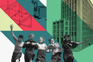 Collage of vintage photos: a group of women walking arm in arm, an office building, a man balancing on a toaster.