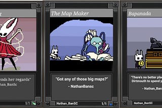 Side by side pixel art proxies of The Hornet, The Map Maker, and Bapanada, all of which feature characters and imagery from Hollow Knight.