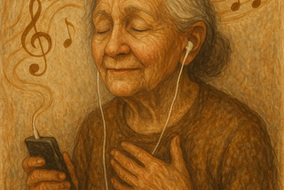 An older women listening to music, eyes closed, hand on heart