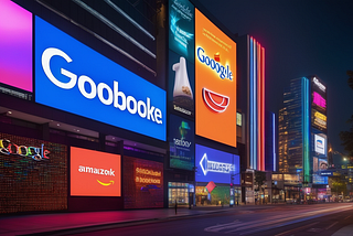Fictive multinational brands on neon light billboards.