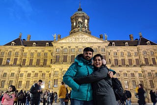 Me, with my husband at Dam Square — Amsterdam (Image Credits: Author’s Own Photo)