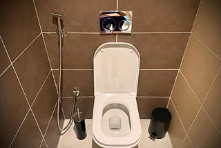 a toilet in Morocco with a small water gun next to it