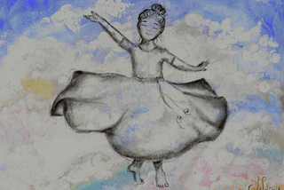 A painting by the author of a young girl whirling like a dervish in the sky surrounded by clouds and the sun peeking from behind the clouds.