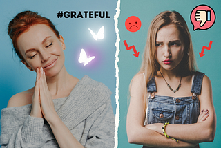 A split image, on the left is a woman with eyes closed, smiling with palms together with two butterflies flying next to her and the word “#grateful” just above her. On the right an angry woman with arms crossed is looking towards the other woman, emojis like an angry red face and thumbs down next to her.