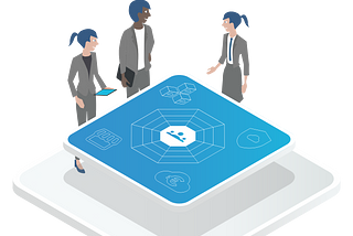 Cloud Foundation Team standing around a table depicting the concept of them supervising and governing cloud cost management, identity and access management, cloud security and compliance and the cloud service ecosystem.