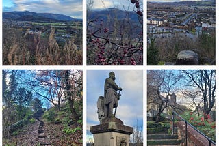 A collage of pictures from Stirling including view from the top of a hill and a Robert the Bruce statue.