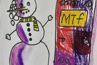 A snowman with cap, mufler , buttons and hair accessories. There is colourful door besides snowperson where ‘MTF’ is written in upper case as initial of each gender.