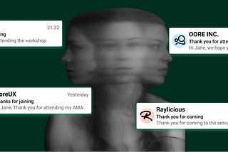An image with a woman looking disoriented and four message cards. Thanking the reader for attending an event