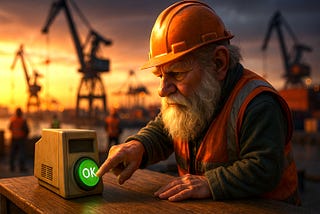 A weathered dockworker with a gray beard wearing an orange hard hat sits at a harbor terminal, his hand positioned over a glowing green ‘OK’ button on an old computer monitor, with shipping cranes silhouetted against a sunset sky in the background.