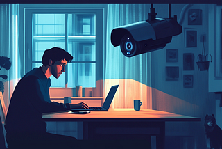 A man working on a laptop with a camera hovering over him.