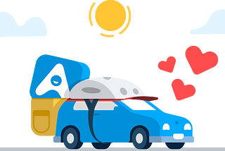 A blue AmiGO car wearing a hat and backpack with a sun and hearts around it.