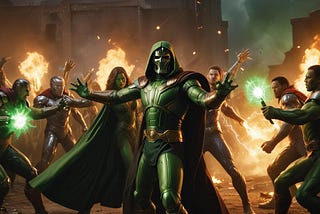 A dramatic illustration of Doctor Doom in his iconic suit, standing tall with his fists clenched and magical energy swirling around him. In the background, a blurred image of the Avengers (Iron Man, Captain America, Black Widow, Thor, Hulk, and others) preparing for battle. The image is dark and ominous, with bold lines and vibrant colors, hinting at the epic and intense fight scenes to come.