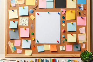 A board with sticky notes and pins sitting on a table with colored pencils