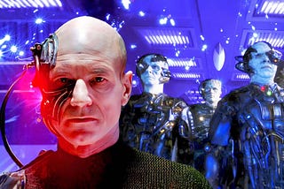 A bald man with futuristic cyborg enhancements stands against a backdrop of alien figures with similar features, all bathed in blue light, creating a tense sci-fi atmosphere.