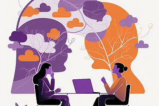 An illustration of two women sitting on either side of a table, talking. There is a laptop on the table between them, and an abstract representation of trees, leaves, clouds, and what could be a face in profile behind them.