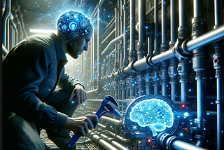 a plumber in a dimly lit basement is intently focused on connecting a network of highly advanced plumbing. The pipes emit a soft blue glow, with digital bits resembling tiny glowing sparks of light flying around them, creating an aura of technological mystique. A blue or silver robotic brain is prominently embedded amongst the pipes, its intricate circuits visible through a transparent casing. The scene is alive with the twinkling of digital magic lights, casting shimmering reflections on the su