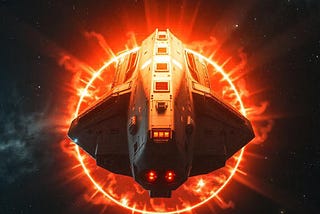 A spaceship in deepspace with a red glow of energy from behind it.