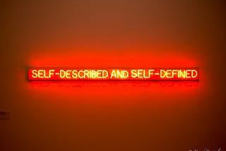 A wall with light up words that say, “self-described and self-defined”