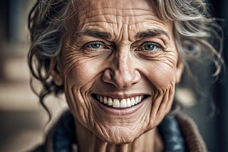 Closeup of a stress-free, happy mature woman with grey hair.