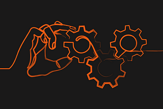 black background with orange lines in a single-line drawing of a hand turning 3 gears that are connected