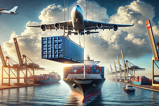 ChatGPT generated panoramic image of a shipping container suspended in mid-air between a container ship and a cargo aircraft