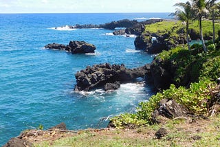 The stunning view of black lava rocks, dark green grass and trees and the very blue ocean with whitecaps. Hawaii, Maui, Road to Hana, travel, vacation, photography